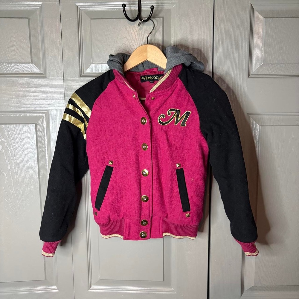 Mecca Pink Varsity Jacket Y2K Mcbling Gold Accents Hooded Youth M Fits Women XS